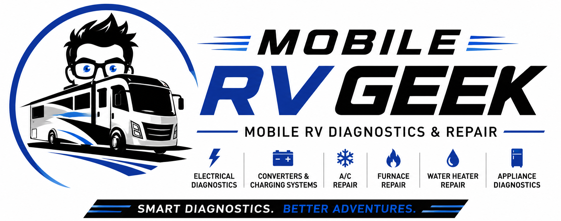 Mobile RV Geek horizontal logo for mobile RV diagnostics, electrical systems, air conditioner, furnace, water heater, converter, and appliance repair in North Georgia and Weiss Lake.